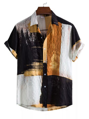Black, ochre and white color-block short-sleeve button-up shirt shown from the front