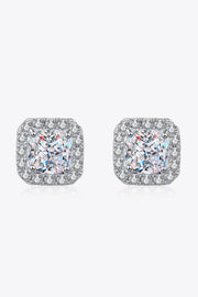 Front view of square clear-stone cluster stud earrings on white