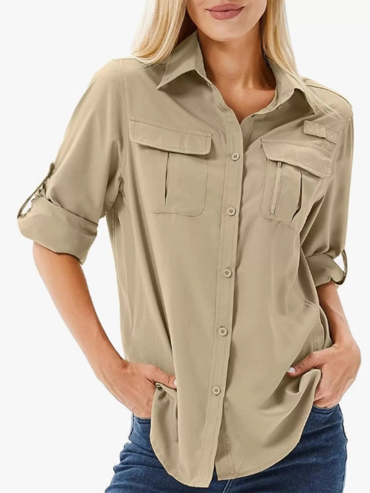 Khaki beige button-down shirt with rolled sleeves, front view on model