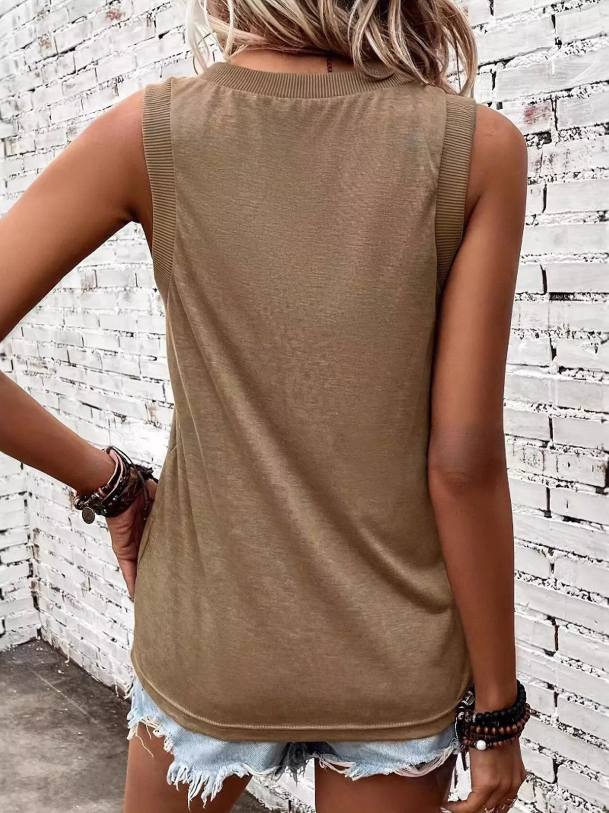 Back view of khaki V-neck tank top