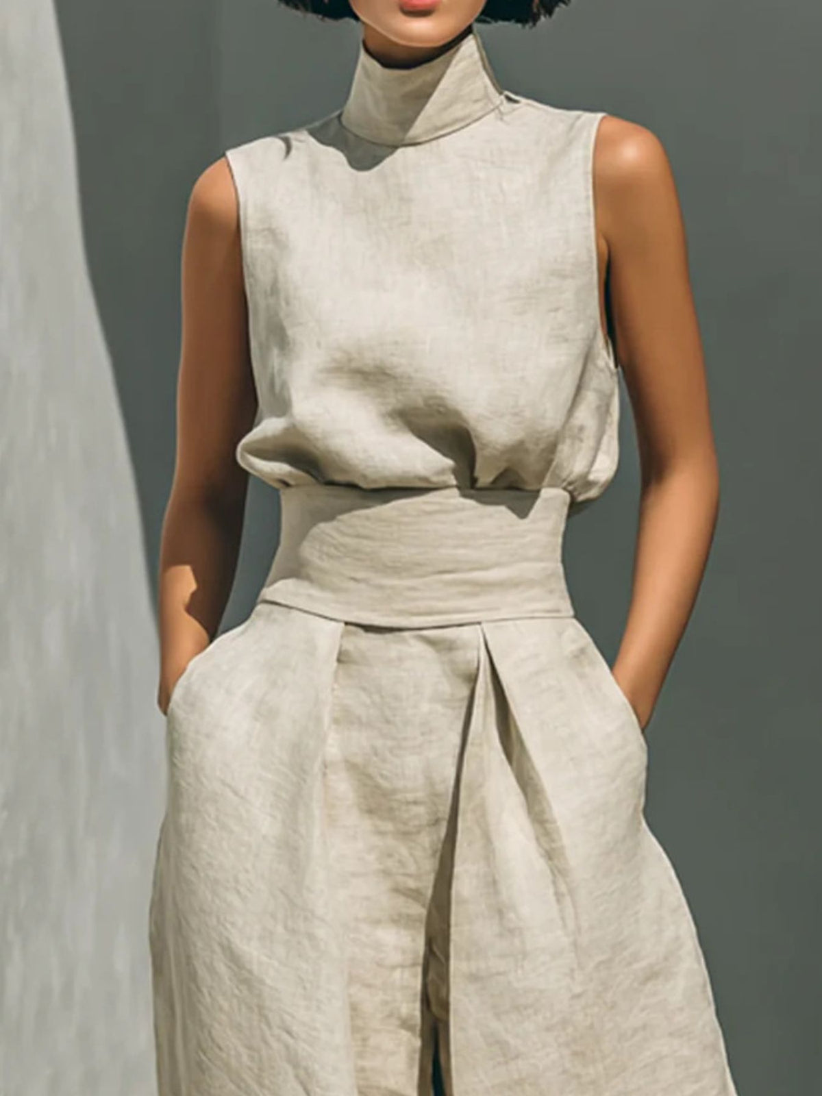 Closer front view highlighting the sleeveless turtleneck and high-waisted trousers.