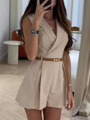 Women's solid sleeveless surplice romper in polyester, back view