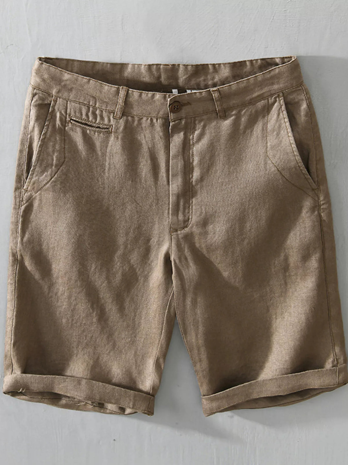 Khaki loose-fit shorts, front view