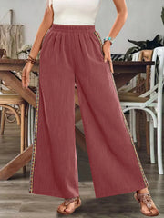 Dusty rose wide-leg pants with embroidered side stripes
