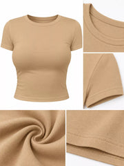 Beige cropped crew-neck T-shirt with close-ups of the neckline, sleeve, fabric and hem