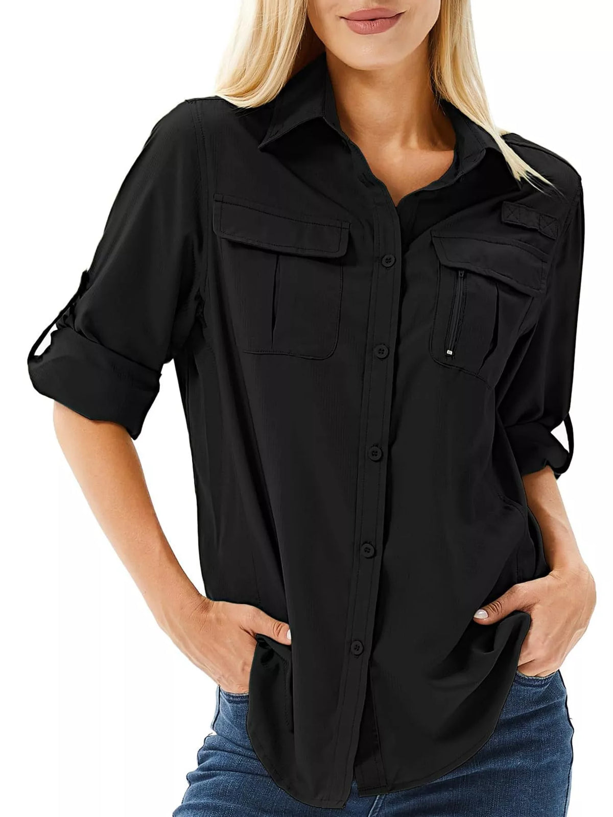 Black button-down shirt with chest pockets, three-quarter view
