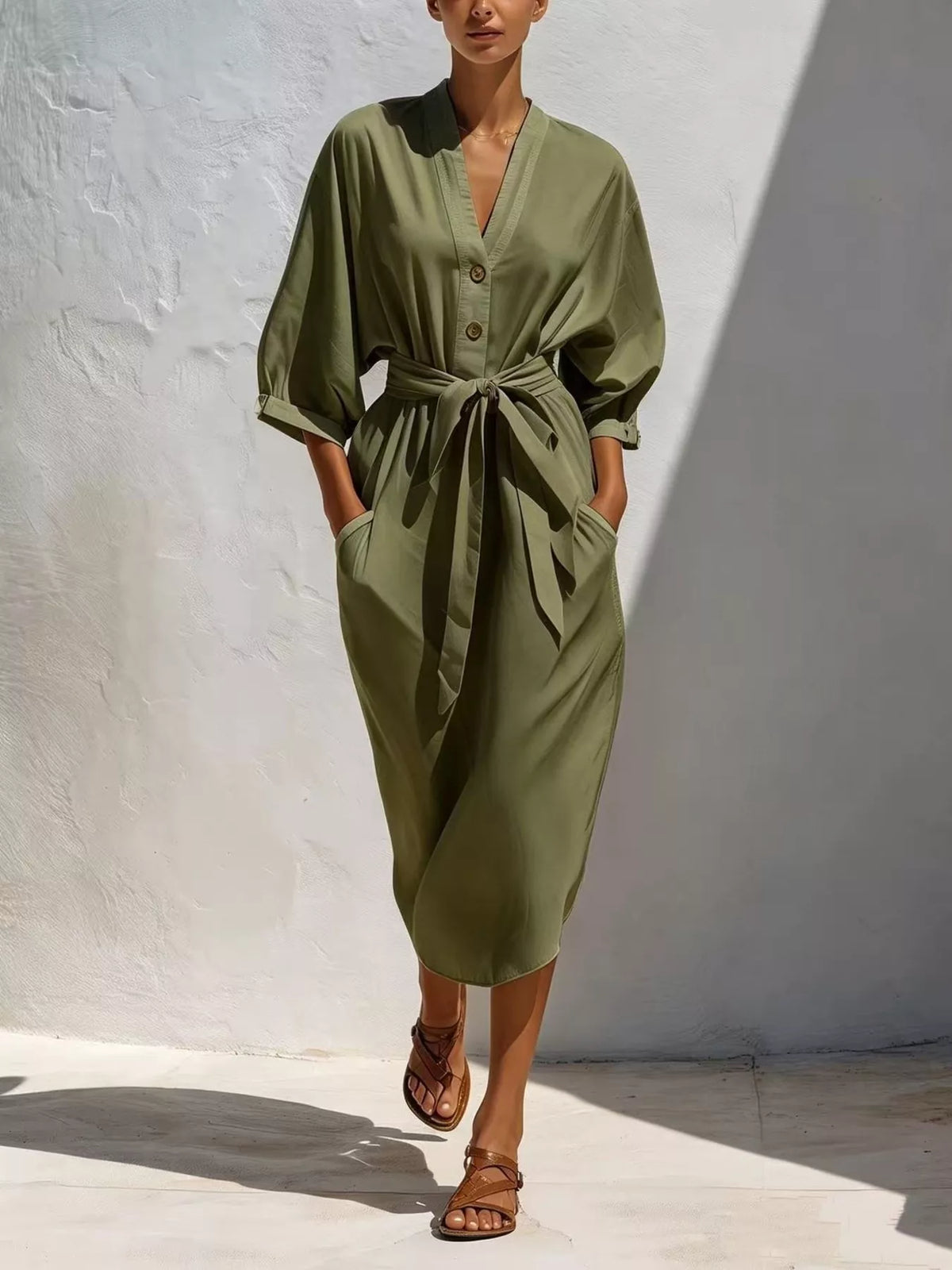 Army green button-front midi dress with self-tie waist