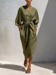 Army green button-front midi dress with self-tie waist