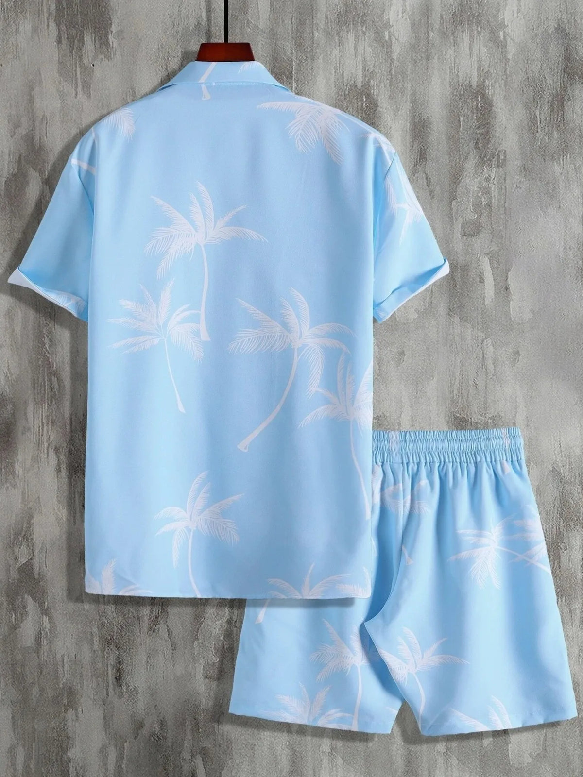 Lavender palm-print shirt and shorts set, back view