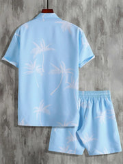 Lavender palm-print shirt and shorts set, back view