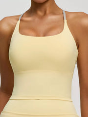 Pastel yellow sports bra, front neckline detail