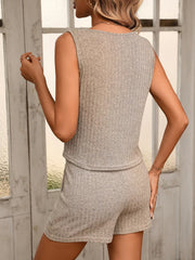 Back view of the taupe tank and matching shorts.