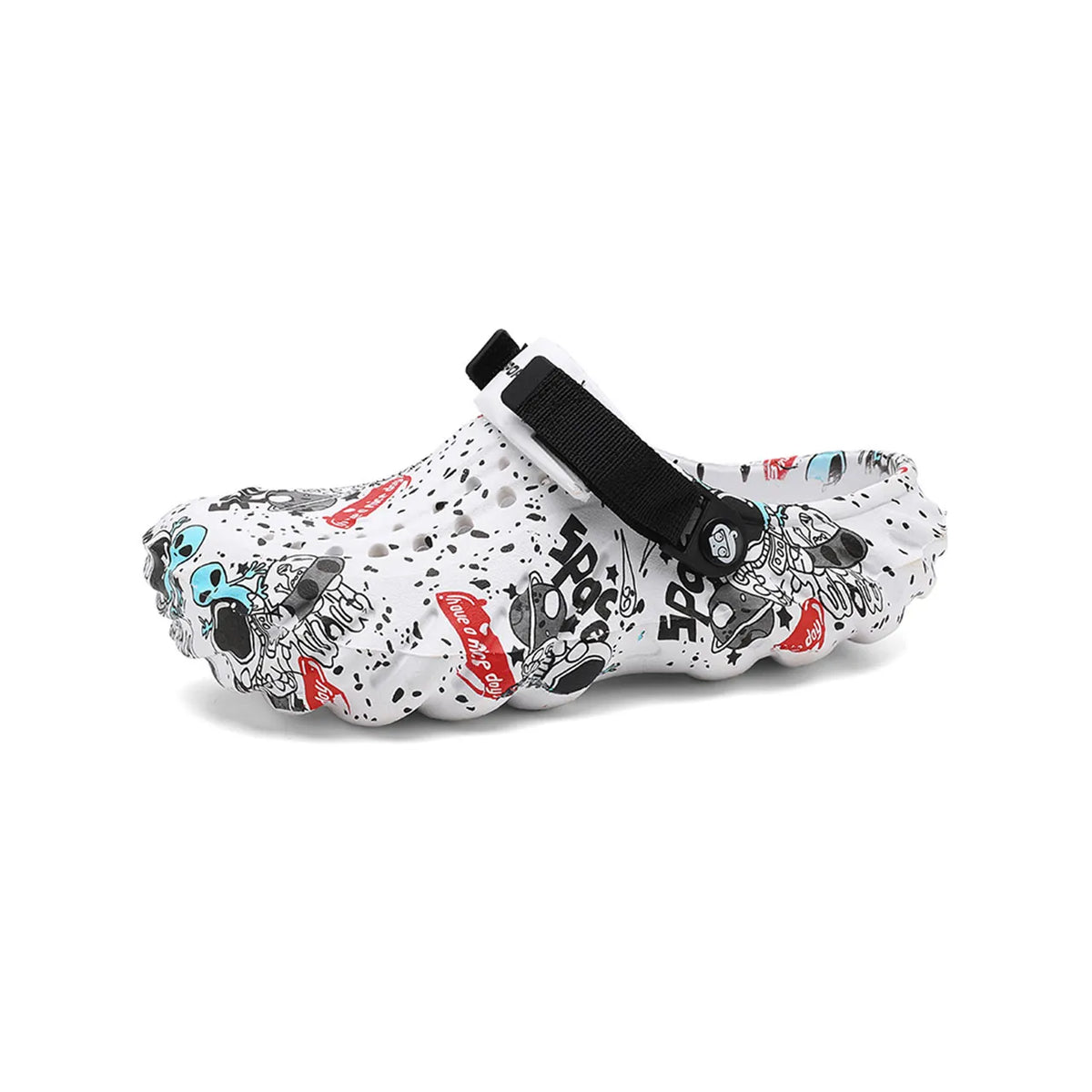 Angled view of a white graffiti-print clog showing rounded toe and sculpted sole