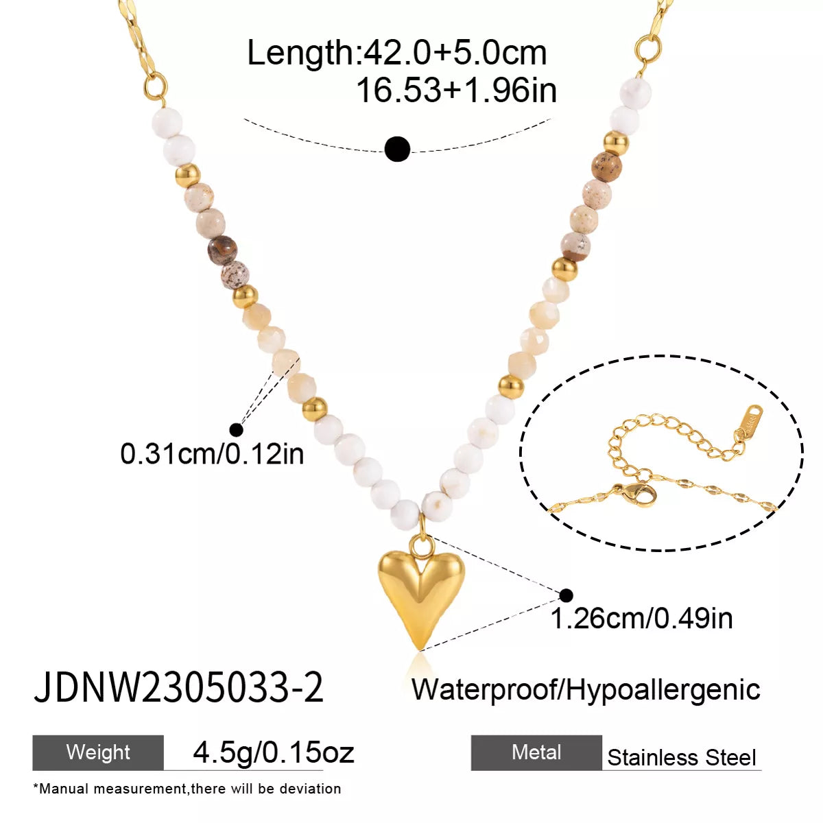 Gold-tone heart bead necklace with length and pendant measurement graphic
