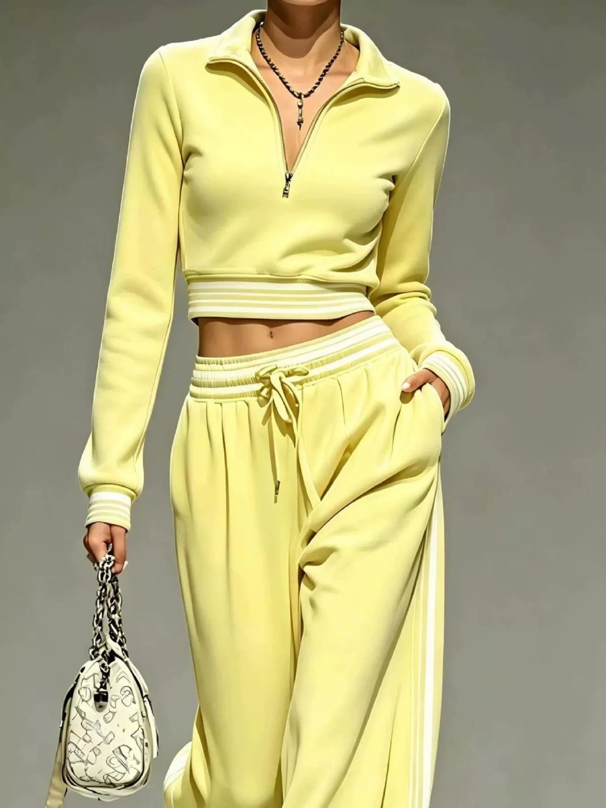 Yellow cropped top and matching pants with striped trim, closer view
