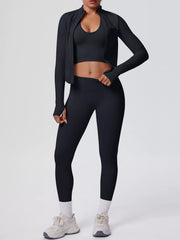 Side view of tank & zip-up jacket and leggings three-piece active set