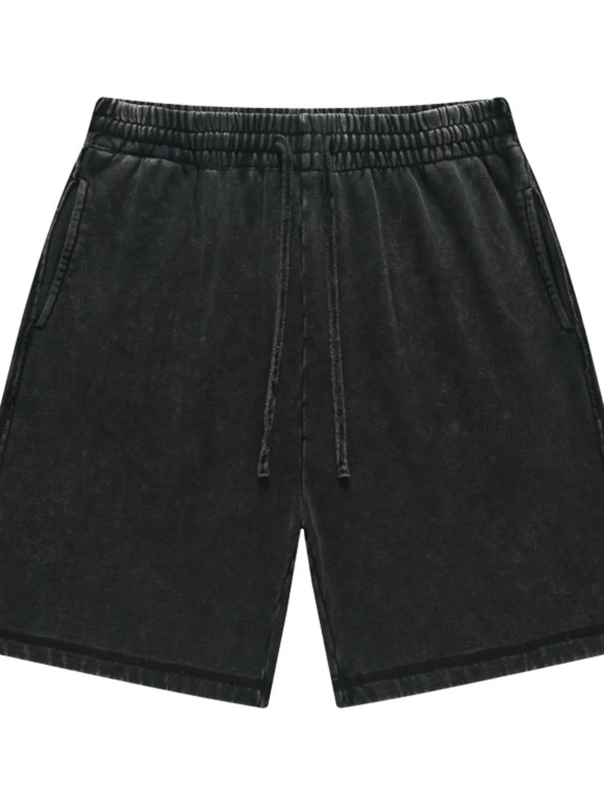 Black washed drawstring shorts, front view