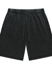 Black washed drawstring shorts, front view