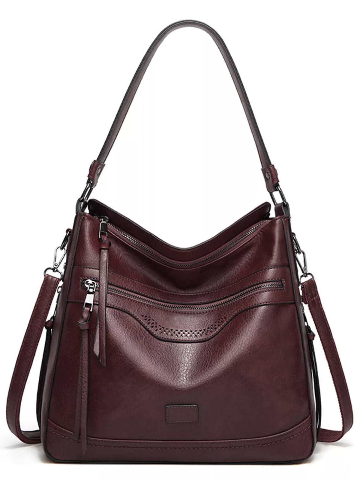 Burgundy multi-pocket handbag with curved front pocket and detachable shoulder strap