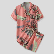 Pink tropical-print button-up shirt and shorts set