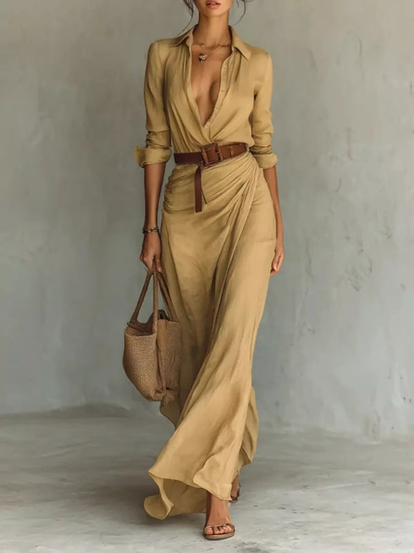 Front view of the camel long-sleeve shirt maxi dress with a brown belt.