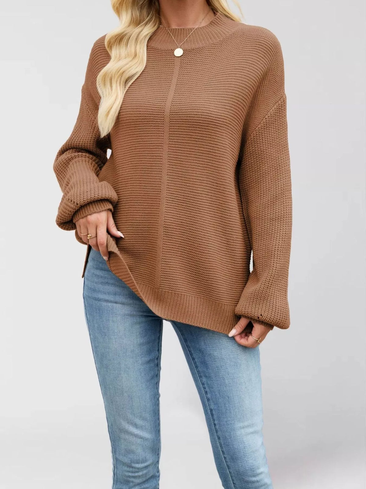 Women’s ribbed mock-neck drop-shoulder sweater in brown front view
