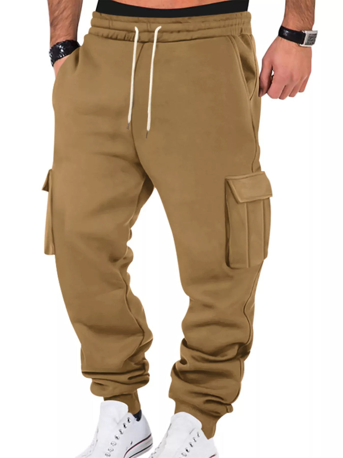 Model wearing tan cargo joggers, front view