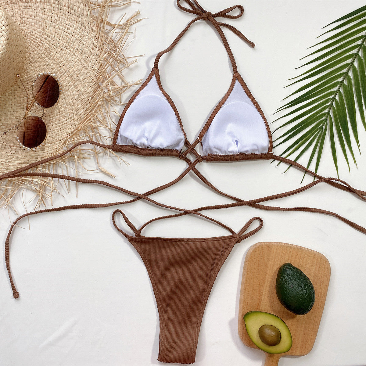 Brown ribbed halter bikini set with avocado styling
