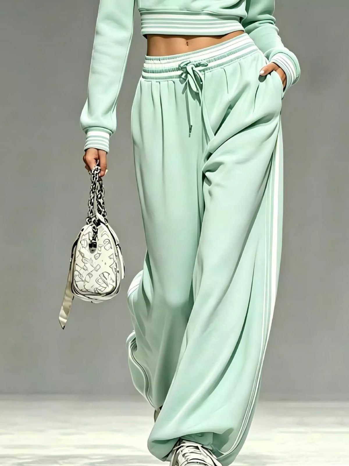 Mint green matching pants showing drawstring waist and side pockets