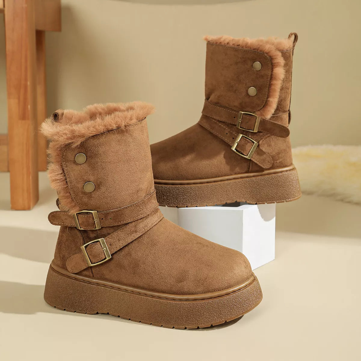 Close-up of gray suede-look boot and buckle straps