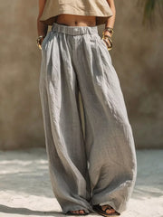 Full-length gray wide-leg pants with gathered elastic waist