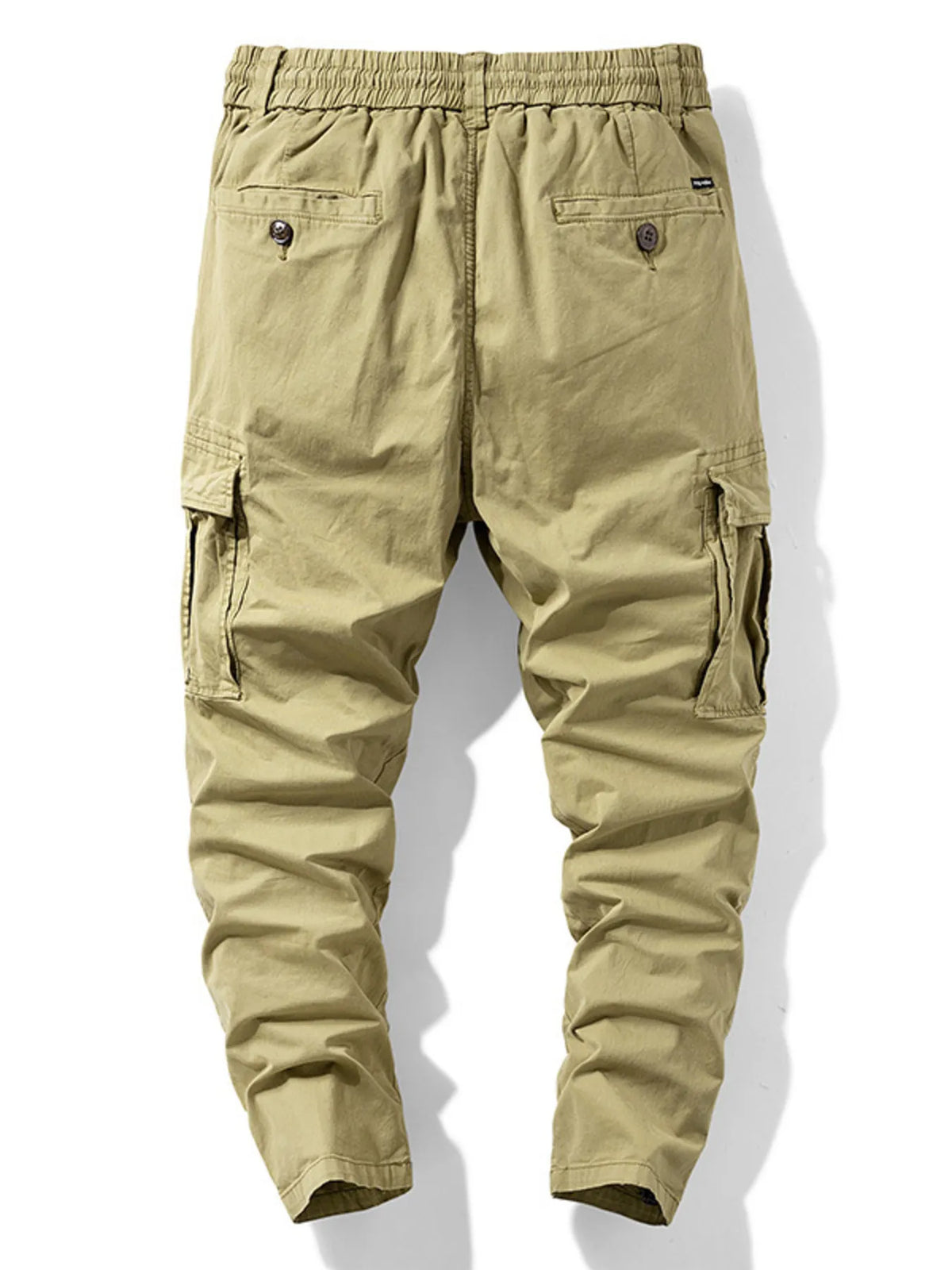 Khaki cargo pants, back view with rear pockets