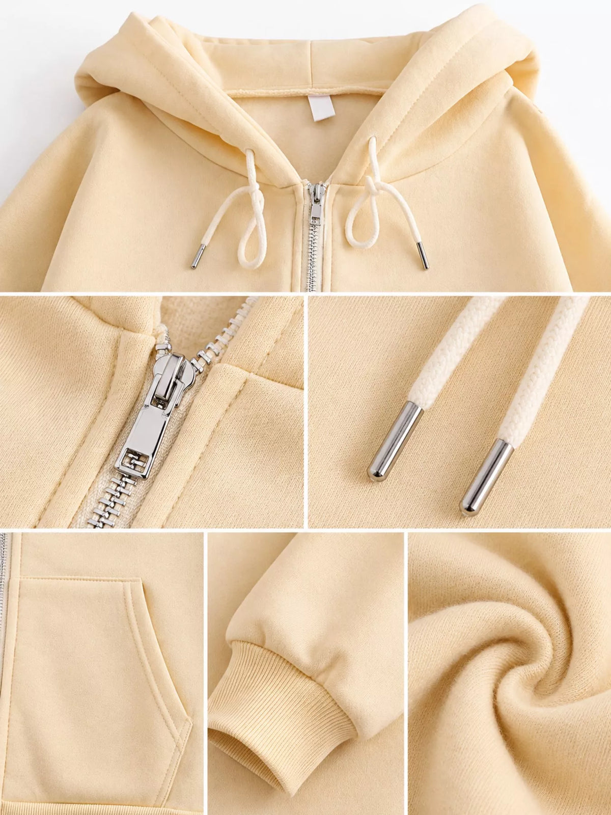 Detail collage of the cream hoodie hood, zipper pull, pocket, cuff and soft fabric