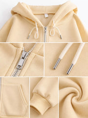 Detail collage of the cream hoodie hood, zipper pull, pocket, cuff and soft fabric