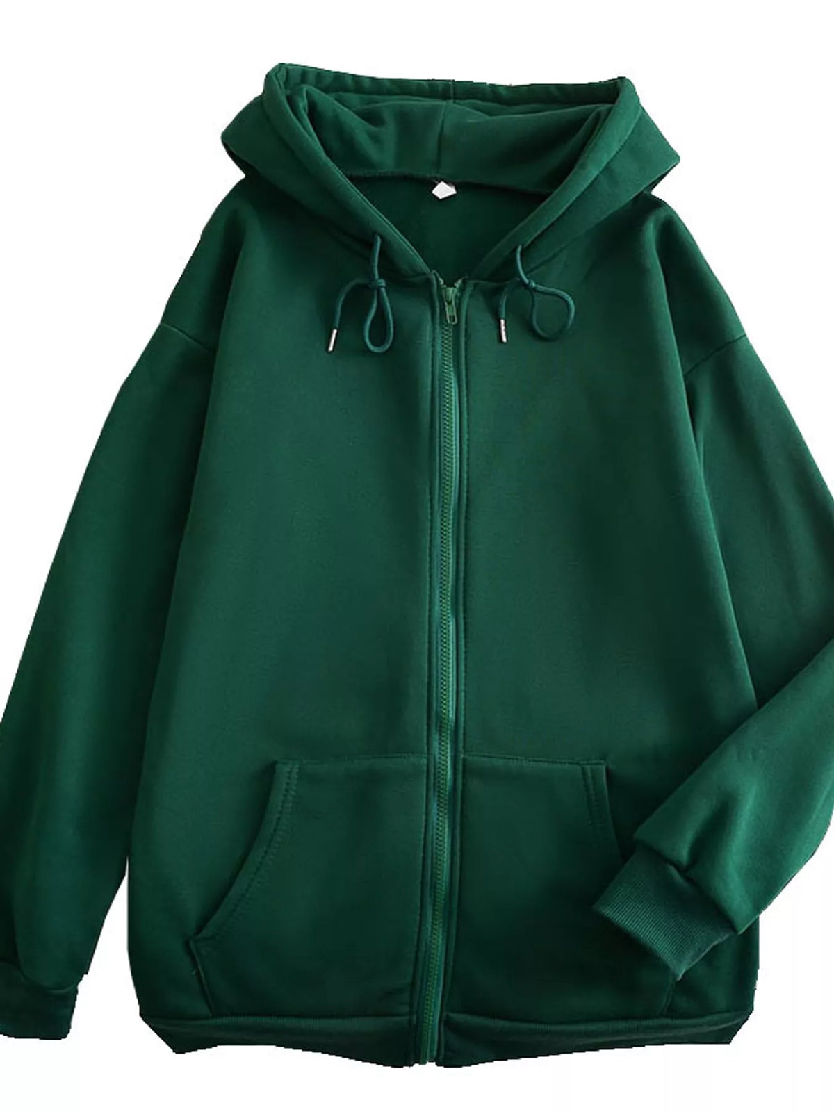 Front view of the dark green hoodie with full-length zipper and front pockets