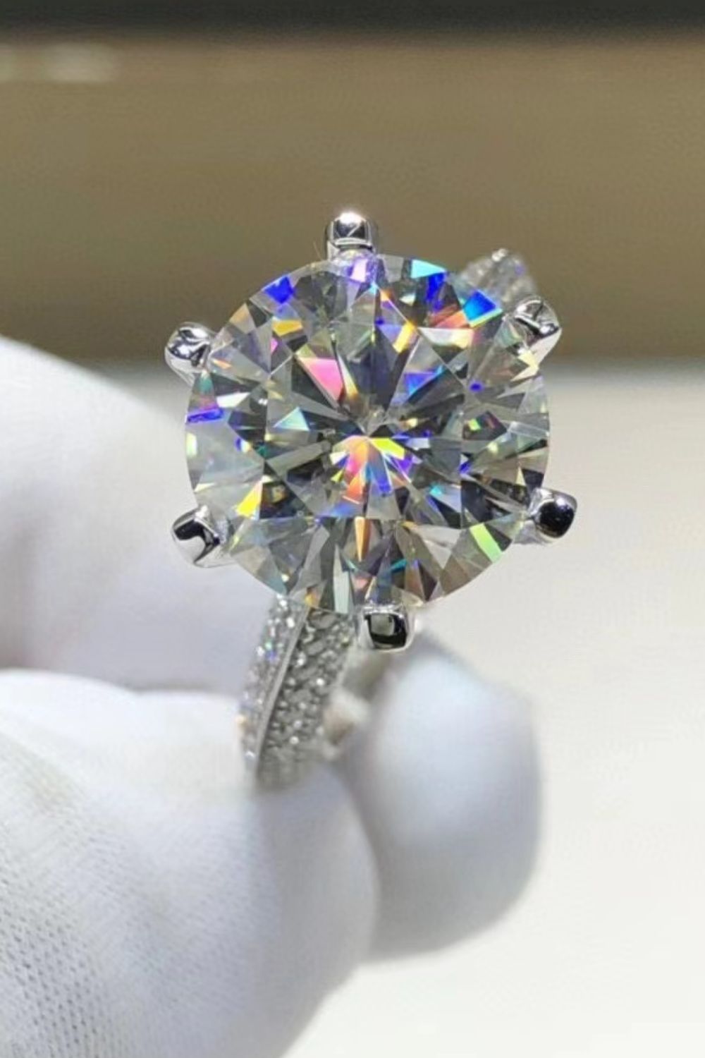 5 carat moissanite 6-prong ring in platinum-plated 925 sterling silver with zircon accents, side view