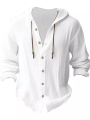 White hooded button-up shirt, front view