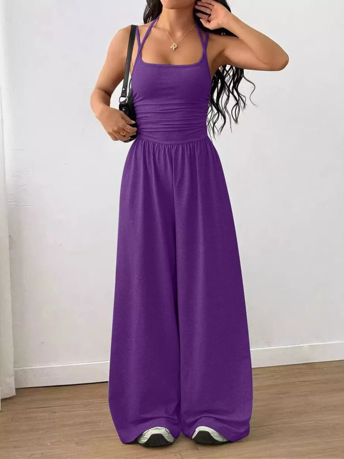 Women's spaghetti-strap wide-leg jumpsuit, purple front view