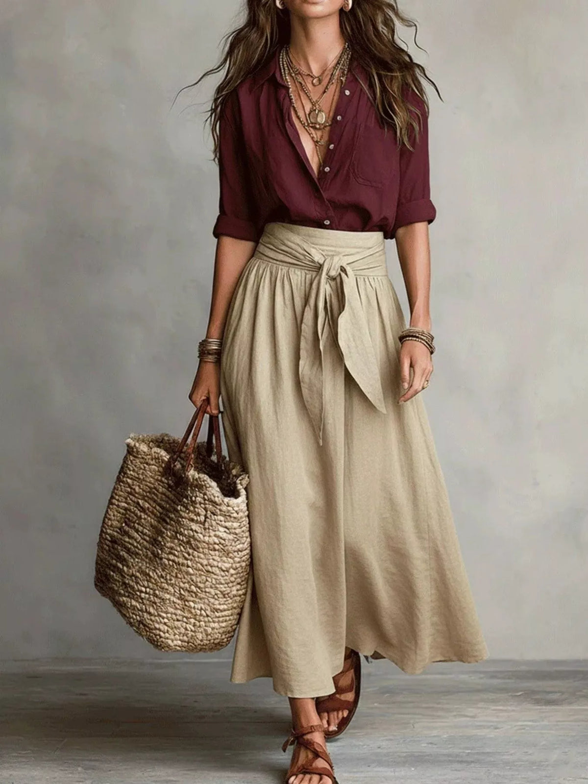 Burgundy button-down blouse paired with a beige tie-waist midi skirt.