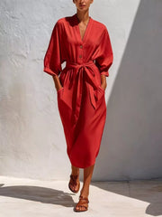 Red button-front midi dress with self-tie waist