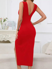 Back view of red bodycon dress with wide straps and open back