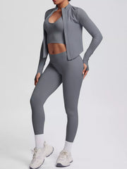Full-length front view of tank & zip-up jacket and leggings three-piece active set