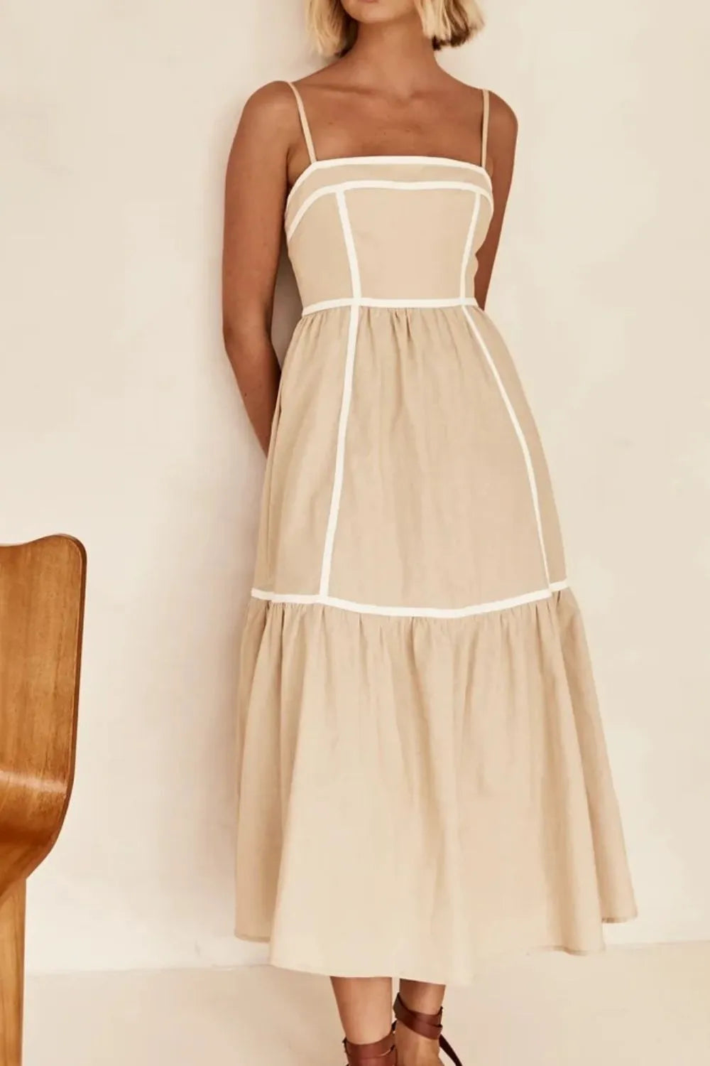 contrast trim square neck midi cami dress in tan, detail view