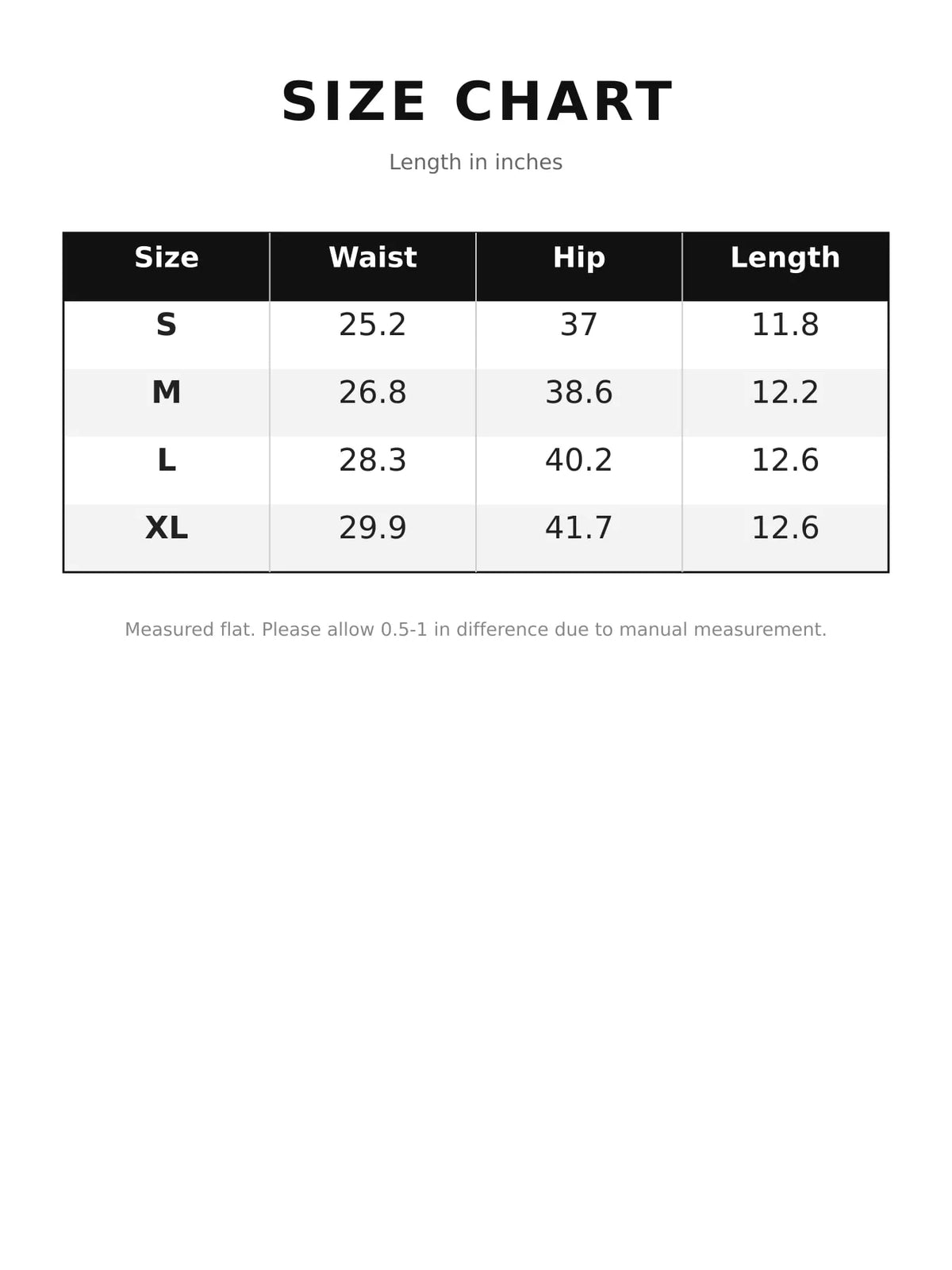 Size chart with waist, hip and length measurements for shorts