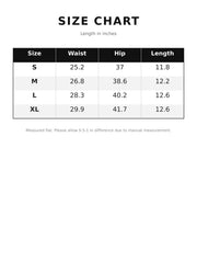 Size chart with waist, hip and length measurements for shorts