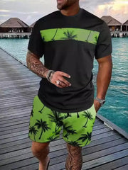 Black short-sleeve tee and shorts set with lime green panels and palm-tree print.