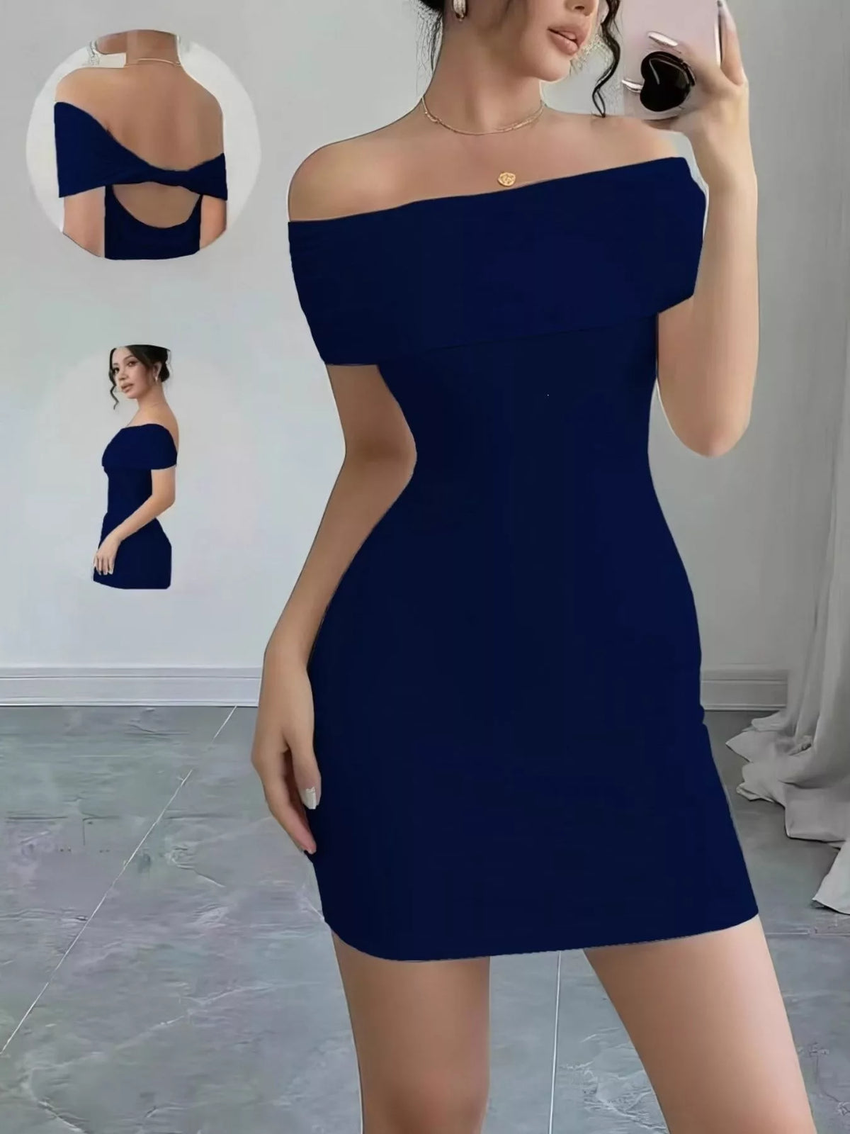 Front mirror view of a navy off-shoulder fitted mini dress with crossed back detail inset.