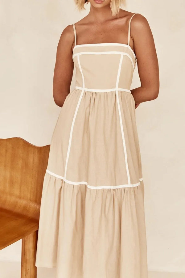 contrast trim square neck midi cami dress in tan, alternate view