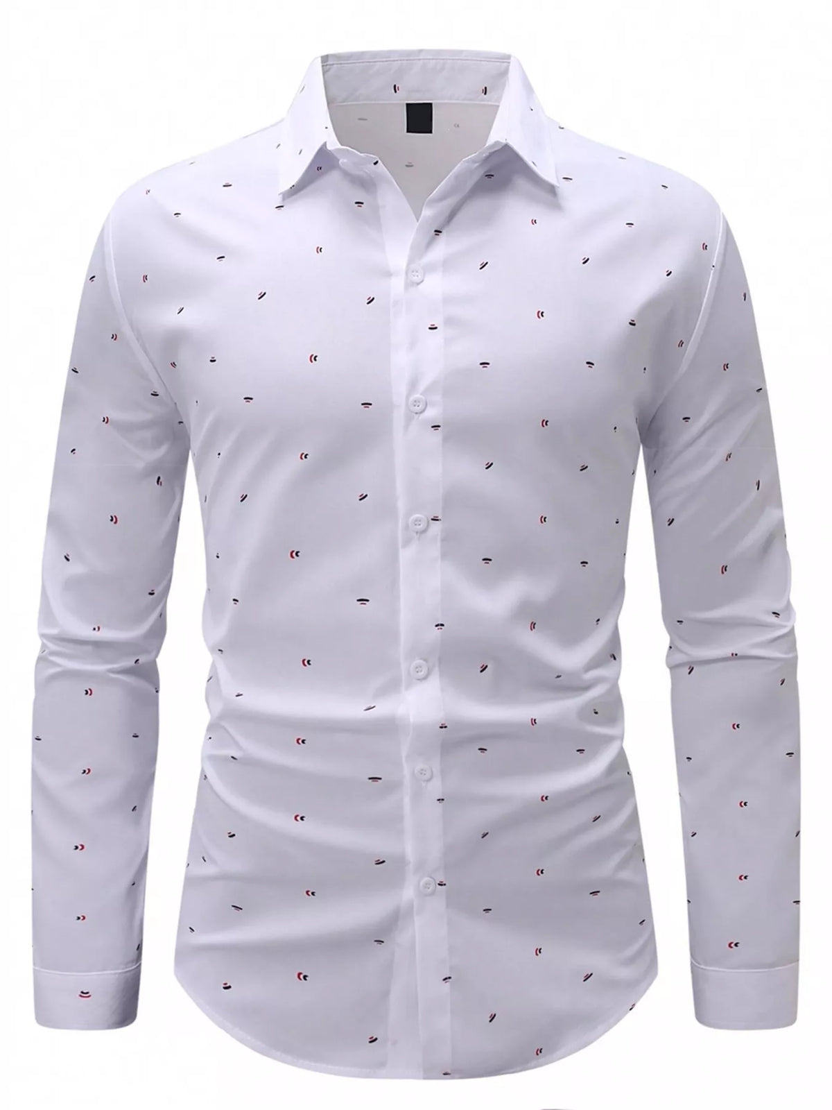 Front product view of white printed long-sleeve shirt with pointed collar and button front