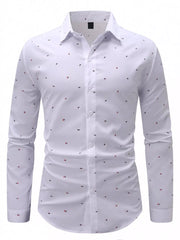 Front product view of white printed long-sleeve shirt with pointed collar and button front